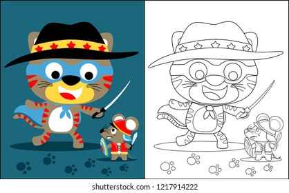 Coloring book vector of kitten in superhero costume fighting with mouse in knight costume