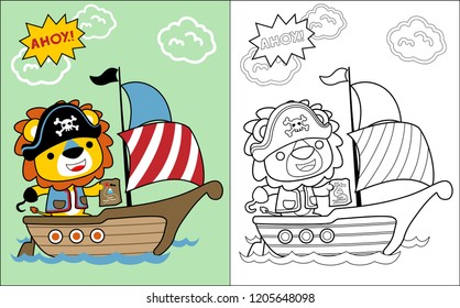 Coloring book vector with lion cartoon in pirate costume on sailboat