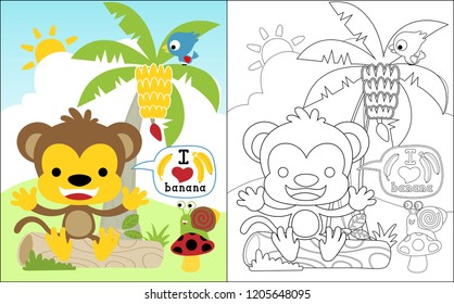 Coloring book vector of little monkey cartoon with little friends in banana tree on blue sky background