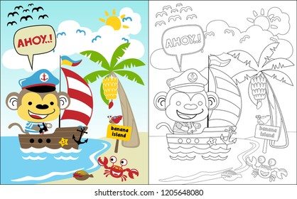 Coloring book vector of monkey cartoon in sailor costume on sailboat with marine animals in the beach
