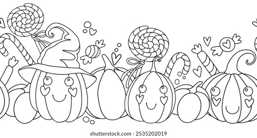 Coloring book. Vector pattern, seamless border with cute Halloween pumpkins and candies and sweets. kawaii. Doodle style drawing