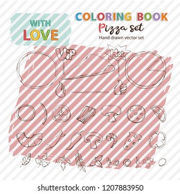 Coloring book vector pizza set, collection. Pizza ingredient brown silhouette clip art collection.Fast food object, sign, icon clip art.