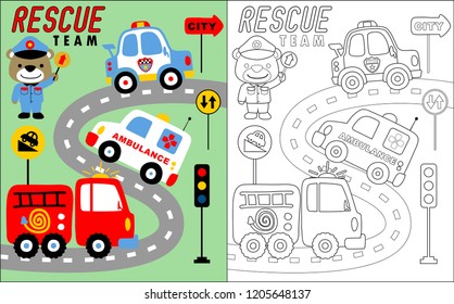 coloring book vector of rescue team vehicle cartoon with funny traffic cop