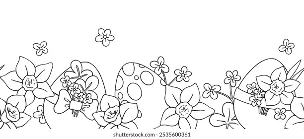 Coloring book. Vector seamless border, easter eggs and spring flower. Drawing in doodle style