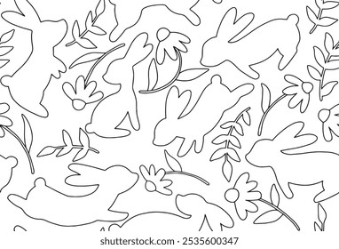 Coloring book. Vector seamless pattern with easter bunnies and flowers. Drawing in doodle style