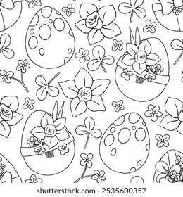 Coloring book. Vector seamless pattern, Easter eggs and spring flowers . Drawing in doodle style