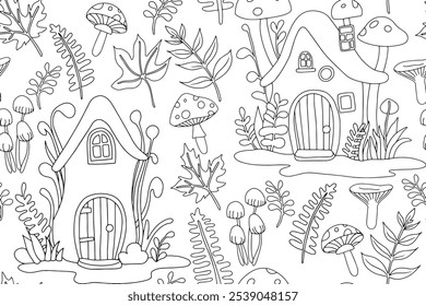 Coloring book. Vector seamless pattern with cute fairy-tale mushroom houses. Drawing in doodle style