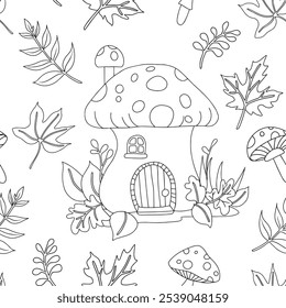 Coloring book. Vector seamless pattern with cute fairy-tale mushroom houses. Drawing in doodle style