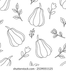 Coloring book. Vector seamless pattern with pumpkins in vintage style. Print for Halloween. Drawing in doodle style
