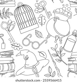 Coloring book. Vector seamless pattern with magic items. Witchcraft, school of wizards.