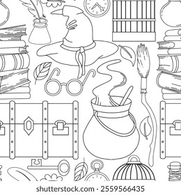 Coloring book. Vector seamless pattern with magic items. Witchcraft, school of wizards.