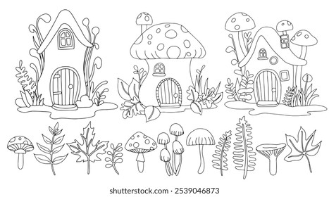 Coloring book. Vector set of cute fairy mushroom houses, forest leaves and mushrooms. Drawing in doodle style