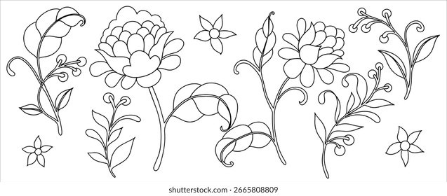 Libro para colorear. Conjunto de Vector con adornos florales en estilo vintage. Arte lineal.

