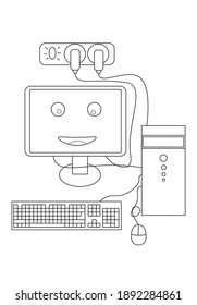 Coloring book vector with a smiling computer set, perfect for exercising children's creativity in coloring.