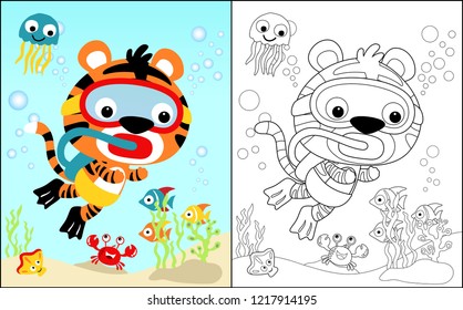 Coloring book vector of tiger diving undersea with marine animals