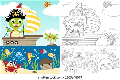 Coloring book vector with turtle in pirate costume on sailboat hunting treasure underwater, funny marine animals cartoon on scenic background