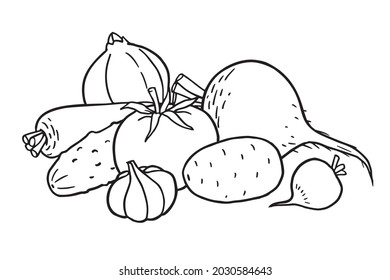 Libro de colorear con imágenes de vegetales. Ilustración vectorial.