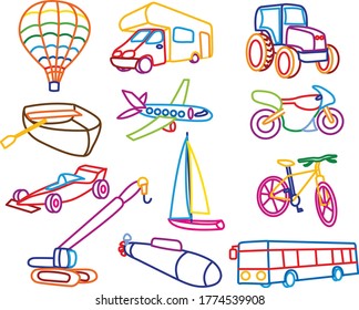 Coloring book vehicles set. Colorful cartoon balloon, caravan, tractor, boat, plane, motorcycle, race car, sailboat, bike, crane, submarine, bus, car for kids isolated background. Vector illustration