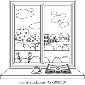 Coloring book view from the window to the park and the street. Vector illustration.