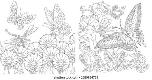 Coloring book. Vintage butterflies among flowers. Line art design for adult or kids colouring page in zentangle style. Vector illustration. 