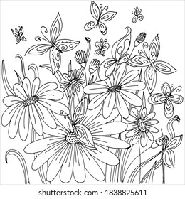 Coloring book. Vintage butterflies among flowers. Linear art design for adults or kids coloring in lineart style. Vector illustration.