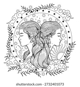 Livro de colorir, estilo vintage baralho de cartas de tarô. previsões mágicas do futuro, personagens misteriosos.