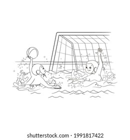 Coloring book water polo athletes throwing a ball to each other in the pool. Vector illustration, in cartoon style, black and white line art