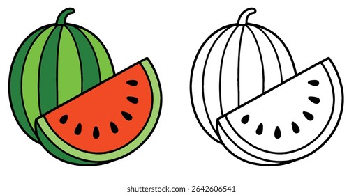 Coloring book of a watermelon with a large slice cut out, on white background line art vector illustration