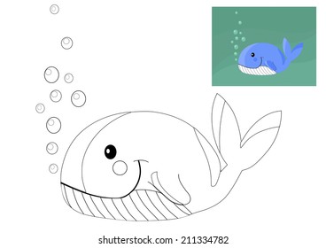 Coloring book with whale - vector illustration.