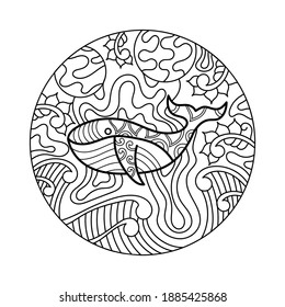 Coloring book. Whale, waves, fantastic patterns. Composition in a circle, doodle style. Coloring pages for meditation. Black and white hand drawn illustrations