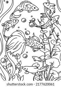 Coloring book, white background, black lines. Aquarium, seabed. Water world and fish.