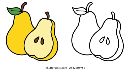 Coloring book of a whole pear and a bitten half, on white background line art vector illustration