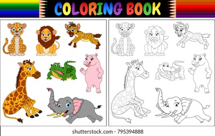 Coloring book with wild animals cartoon