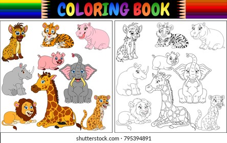 Coloring book with wild animals cartoon