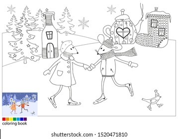 Coloring book. Winter. Christmas. A pair of mice skate. Vector
