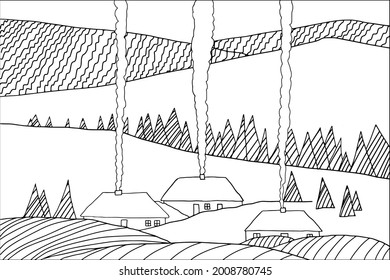 Coloring book winter landscape. Hand drawn simple flat vector illustration Outline style