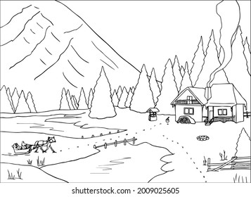 Coloring book winter landscape. Hand drawn simple flat vector illustration Outline style