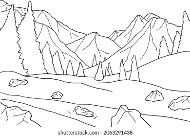 Coloring book winter landscape  Hand drawn simple flat vector illustration Outline style