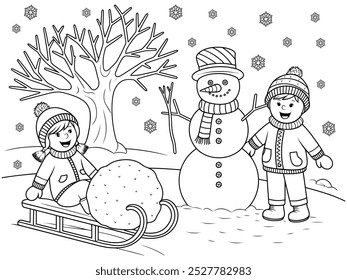 Coloring Book winter night with a snowman