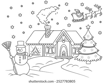 Coloring Book winter night with a snowman