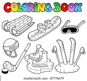 Coloring book winter sports gear - vector illustration.