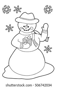  Coloring  book. Winter theme, snowman with a gift.  Hand drawn. Black and white. Children, adults.