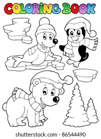 Coloring book wintertime animals 2 - vector illustration.