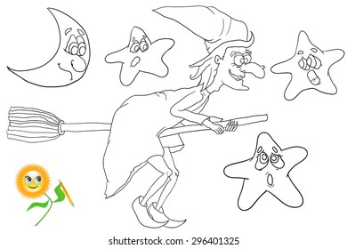 Coloring book witch flying on broom.