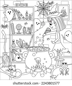 Coloring book. Witch is preparing potion in big cauldron. Halloween. Black and white. Isolated vector illustration eps 10