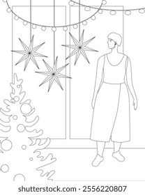 Coloring Book with Woman Character and Christmas Interior with Poinsettia, Outline Christmas Vector Stock Illustration