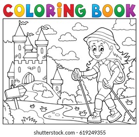 Coloring book woman hiker theme 2 - eps10 vector illustration.