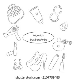 Coloring book with women's accessories Outline illustration isolated on white background. one line. Coloring book for children and adults. Print for t-shirt, cup, children's clothing Vector