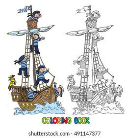 Coloring book of a wooden sailboat with a team of six Jolly boys-sailors in vests and sailor hats and a parrot. Children vector illustration