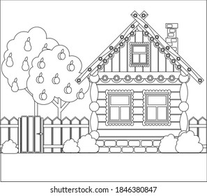 Coloring book wooden village house. Vector illustration on the theme of architecture.